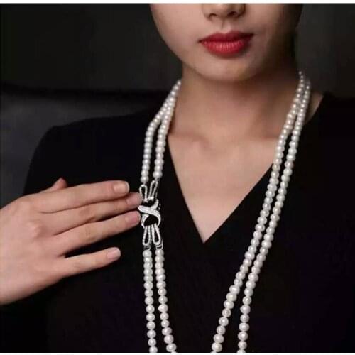 Free shipping 24-26" natural 8-9mm white Pearl CZ Necklace 925 silver micro inlay zircon clasp accessory jewelry