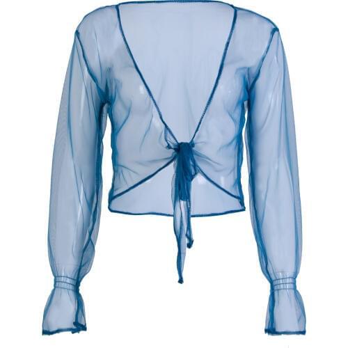 Women Girls Long Sleeve Transparent Mesh Sheer Crop Top Knotted Blouse Loose Tops