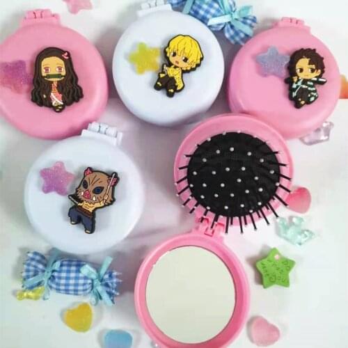 Anime Demon Slayer KamadoTanjirou Makeup Comb Hair Brush Styling Tool Cosmetic Airbag Comb Foldable Pocket Round Travel Mirror