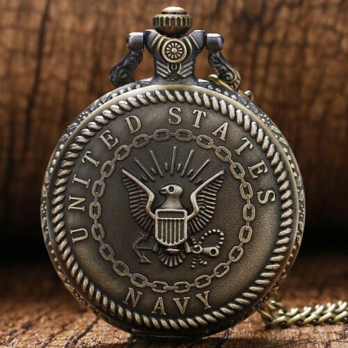 Retro Cool Bronze United States Navy Theme Quartz Fob Pendant Pocket Watch With Necklace Chain Free Drop Shipping