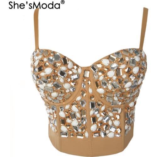 ShesModa Khaki Rinestone Hand-made Pearls Bralet Corselets Womens Bustier Bra Cropped Top Wedding Bralette Vest Plus Size