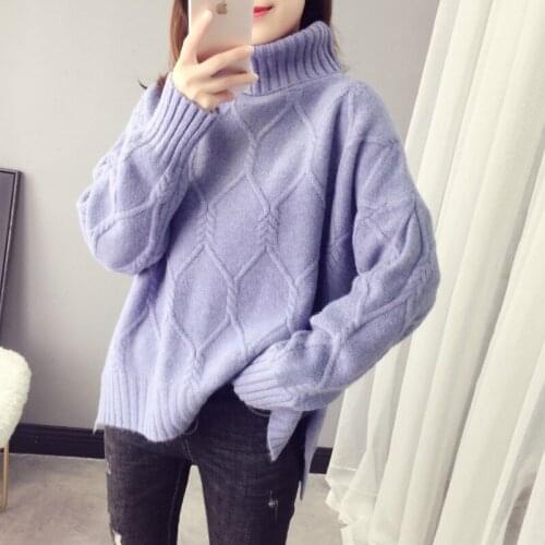 Women Turtleneck Sweater Purple Argyle Oversized Sweater Women Autumn Winter Loose Long Pullover Streetwear Warm Outerwear