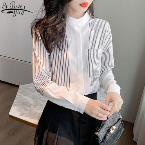 Vintage Striped Shirts Chic Women Blouses Fashion White Shirt Autumn Long Sleeve Chiffon Blouse Office Lady Ropa De Mujer 10902