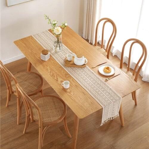 Crochet Hollow Table Runner With Tassels Beige Long Stripe Knitted Tablecloth Nordic Chic Simple Table Cover Home Wedding Decor