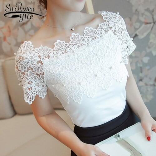 Sexy Slash Neck Women Blouse Shirt Fashion 2021 Short Sleeve White Beading Patchwork Lace Womens Clothing Tops Blusas 80F 30
