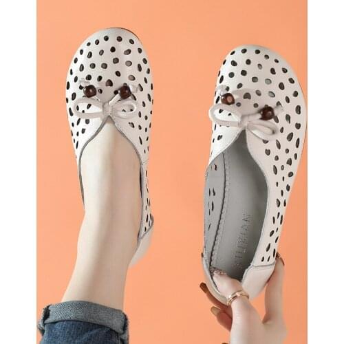 2021 New Summer Ladies Comfortable Leather Handmade Flat Shoes Hollow Casual Shoes Lace-up Pure Color Shoes Ladies Flat Shoes