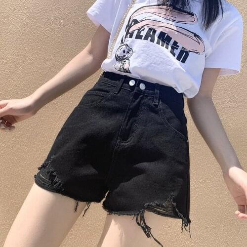 Womens Fashion Casual Hot Pants Ripped Hole High Waist Stretch Thinning Straight Pants Loose Wide Legs Cool Female Denim Shorts
