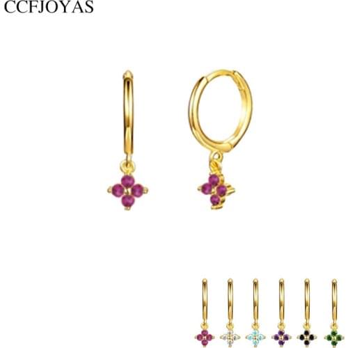 CCFJOYAS 925 Sterling Silver Rose Red/Purple/Green/White Small Flower Drop Earring Women Luxury Fashion Gold Hoop Earrings