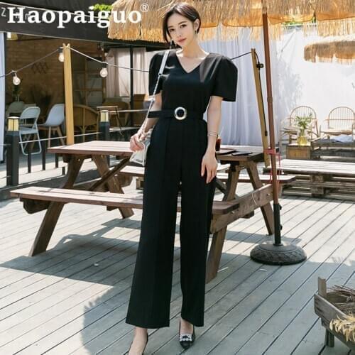 2019 Summer Women Casual Short Puff Sleeve V-Neck Jumpsuits Fashion Ladies Office OL Work Bodysuit Wide Leg Long Pants Trousers