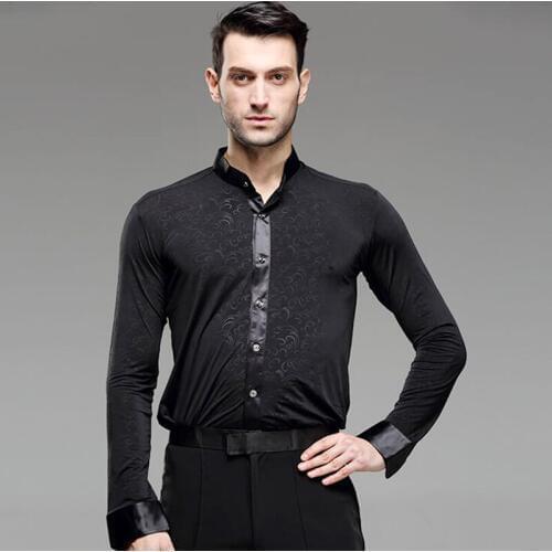 2018 New Men Latin Dance Shirts Long Sleeve Competition Performance Printing Wear Black Standing Collar Turn Off Collar