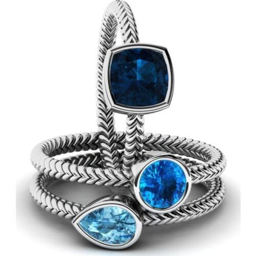 3pcs/set Luxury Big Blue Gem Zircon Rings for Women Vintage Silver Ring Moonstone Promise Wedding Band Engagement Ring bague