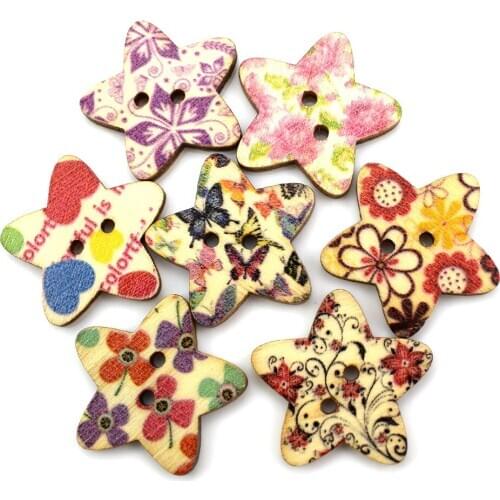 300PCS Mixed Star Wooden 2 Holes Buttons for Clothing Needlework Scrapbooking Wood Botones Decorative Crafts Diy Accessories