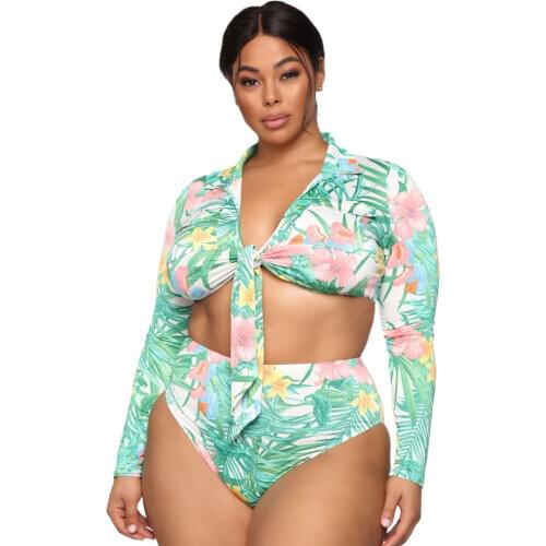 2021 Ladies Bikinis Womens Floral Printed Big Swimwear Long Sleeve Bikini Top High Waisted Bottom Plus Size XL to 5XL Swimsuit