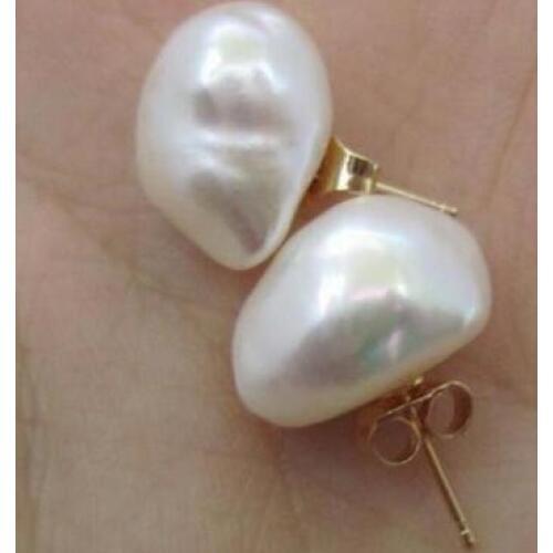 >>>>noble jewelry charming sea baroque 10-11mm white pearl earring 14K/20 YELLOW GOLD