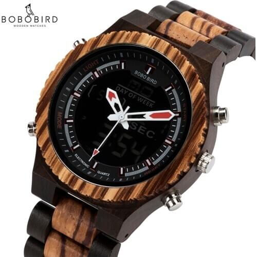 Bobo Bird Mens Quartz Watches LED Wooden Digital Man Watch For Men Wrist Watch Handmade Quartz Wristwatches Wooden Clock Gift