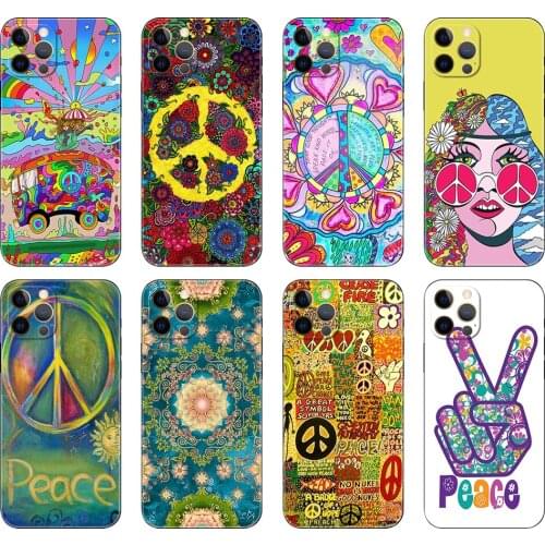 Black tpu case for iphone 5 5s se 2020 6 6s 7 8 plus x 10 XR XS 11 12 mini pro MAX back cover Hippie Psychedelic Art Peace
