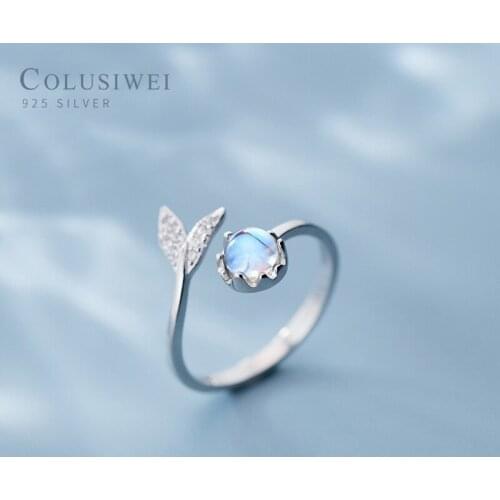 COLUSIWEI Genuine 925 Sterling Silver Colorful Crystal Cute Mermaid Tail Ring for Women Fashion Silver Free Size Rings Jewelry