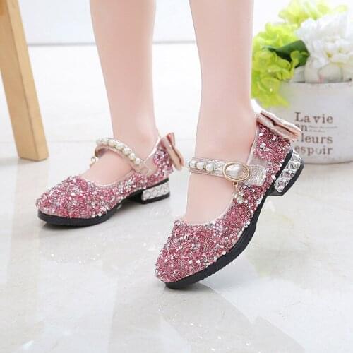 Childrens Shoes Lace Big Bow pearl Princess Party Performance Shoes Big Student Girl Shoes for Low-heeled Soft Sole Leather