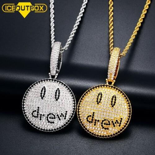 ICEOUTBOX Fashion Drew Smiling Face Necklace Pendant Micro Pave Cubic Zircon For Women Mens Hip Hop Jewelry Gold Silver Color