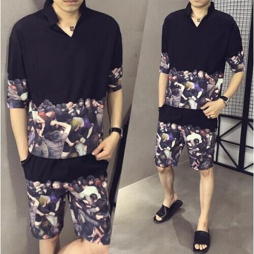 Summer Mens Short-sleeved T Shirt +Shorts Tracksuits Set Hot Sale Slim Street Sportswear Fashion Trend Cotton Printing 2-piece