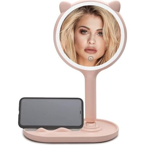 Makeup Desk Double-Side Mirror With LED Light & 5X Magnifying with Handle 3-Color Electrodeless Dimming Lighted Up For Traveling
