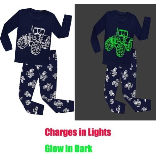 Fashion Children Full Sleeve Glow in Dark Navy Truck Pajamas Boys Pyjamas Kids Pijamas Baby Glow in the Dark Pajamas Sets