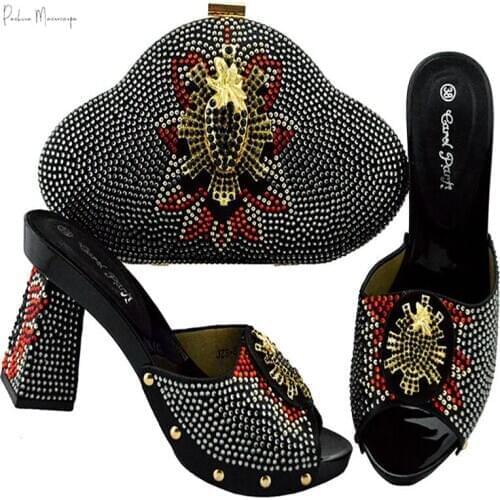 New Arrival Italain Design 2021 Nigerian Fashion Style Ladies Shoes and Bag Set in Black Color for Party Wedding