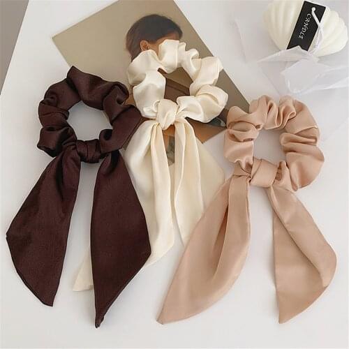 Luxury Satin Silk Bow Streamers Hair Ring Knotted Scrunchie Women Ponytail Hair Ties Solid Color Rubber Band Hair Accessories