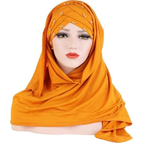 2021 muslim cotton scarf plain hijabs with bead shawls and wraps femme musulman hijab ready to wear turban women head scarves