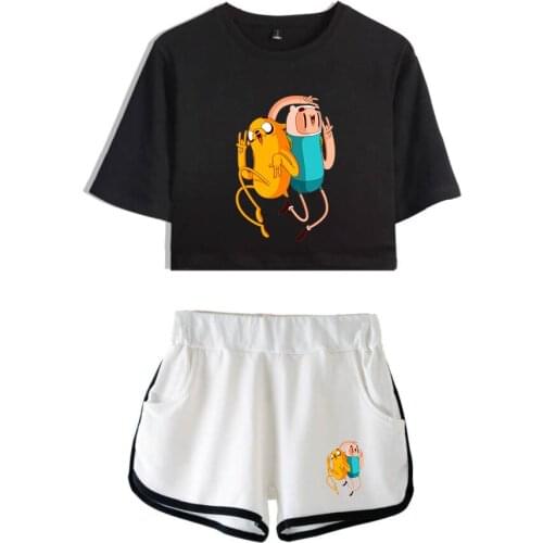 Adventure Time Finn And Jake The Dog Face 2 Piece Outfits Women Sexy Tracksuit Two Piece Set Crop Top and Shorts Women Clothing