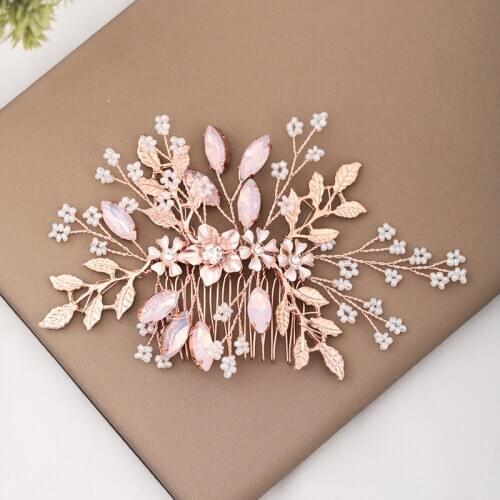 Rose Gold Wedding Hair Accessories Ladies Hair Comb Rhinestone Flower Headdress Bride Hairpin Handmade Prom Tiara Accessories