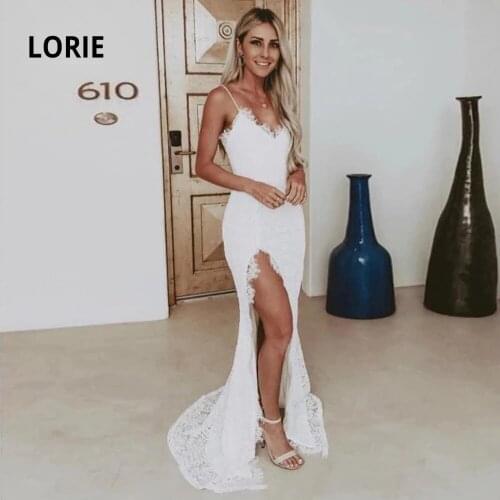 LORIE Spaghetti Strap Lace Mermaid Wedding Dresses 2021 Sexy V-neck Elegant Appliques Boho Bridal Gowns With Split Sleeveelss