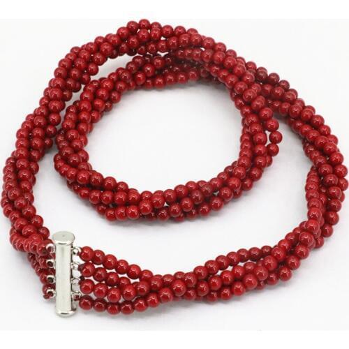 Brilliant 4 rows 4mm size for round red coral stone beads created for artificial red coral necklace chain jewelry 18" B3460