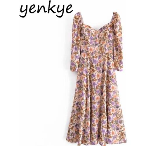 YENKYE Spring Women Vintage Printed Long Dress Female Long Sleeve A-line Sexy Hem Slits Elegant Ladies Dresses Party Vestido