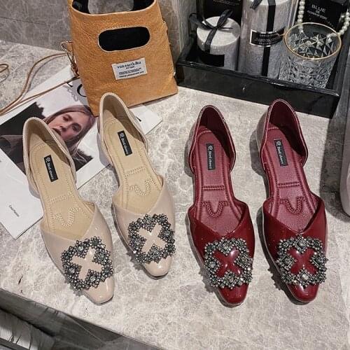 Womens Leather Shoes Flat Bottom New Patent Leather Rhinestone Square Buckle Shallow Mouth Shoes Women, Pointy Beanie Women