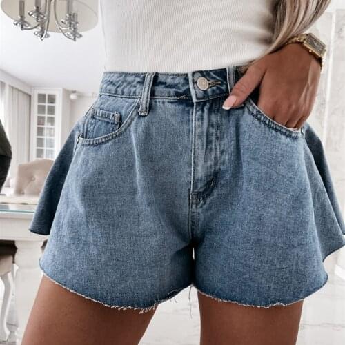 2021 Women Loose Style Denim Shorts Solid Color Mid Waist Denim Cloth Flared Shorts, Pink/ Grey/ White