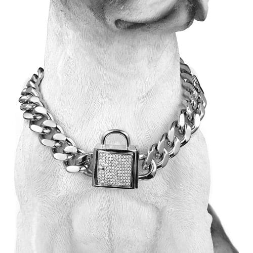 12mm New Silver Color Dog Collar Zirconia Lock Stainless Steel 12mm Wide Curb Choke Chain Collar for Dogs Training, Daily Use