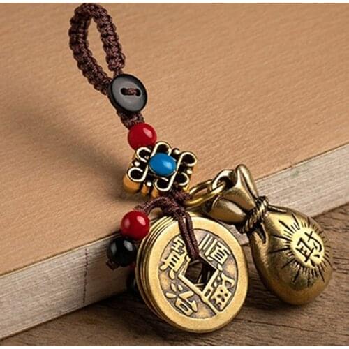 2PCS Handmade Rope Lucky Feng Shui Hanging Vintage Brass Money Bag Keychain Pendant Jewelry Ancient Coins Car Key Chain