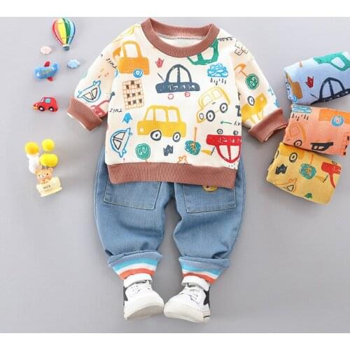 2021 New Autumn Baby Boys Sets Kids Cartoon Car Loose Crew Neck Sweater+Jeans Children Outing clothing Toddler Party Clothes
