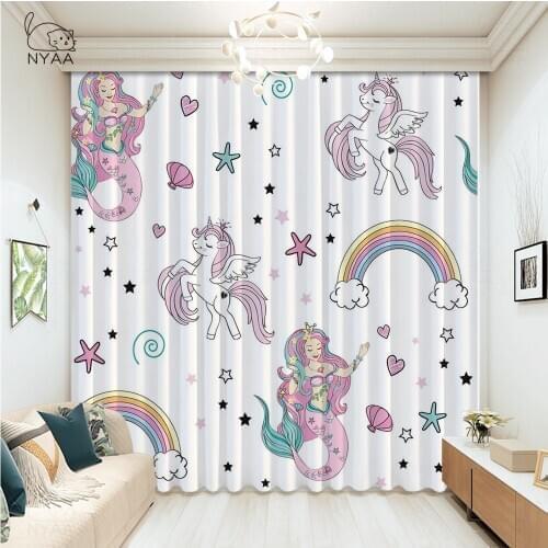 Cartoon Unicorn Windows Curtains For Living Room Bedroom Decorative Kitchen Curtains Drapes Treatments Customize Micro Shading