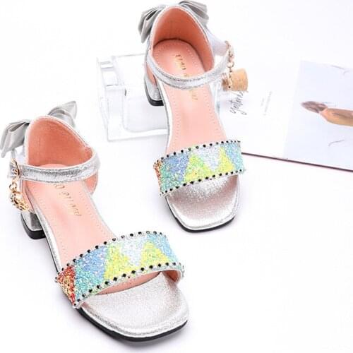 Childrens shoes 2021 Summer New Thick-heeled sandals with color sequins princess shoes elementary school open-toed shoes