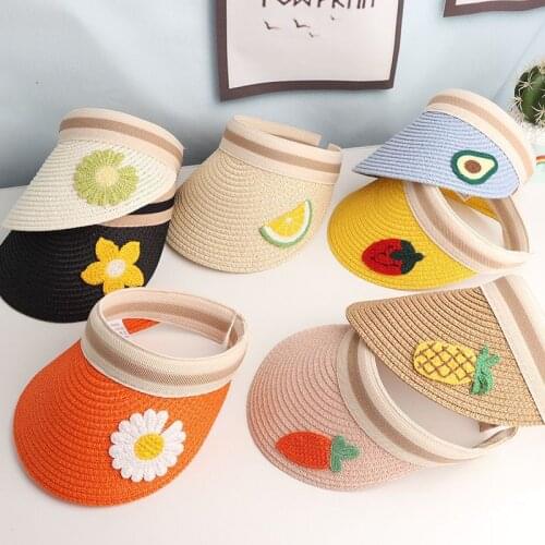 Summer Visor caps Childrens Straw Sun Hat Boy Girl Cute Fruit Empty Top Hat Bag Set Sun Visor Beach Hat