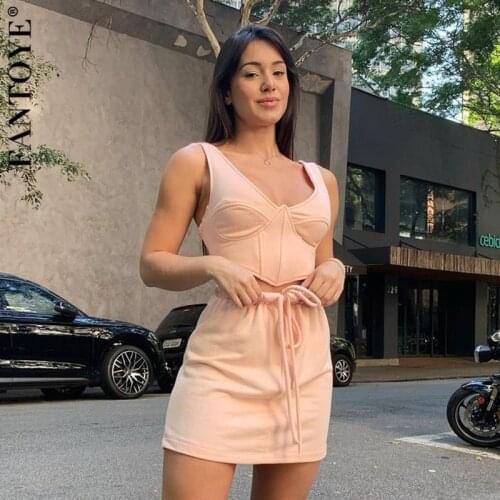 Fantoye Sexy Backless Lace Up Women Two Piece Of Sets Green Slim Cami Top short Skirt Ladies Summer Skinny Streetwear Sets 2021