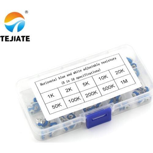 1Pack vertical blue white adjustable resistor kit 100 ohm -1M ohm 10kinds * 5 PCS=50PCS potentiometer