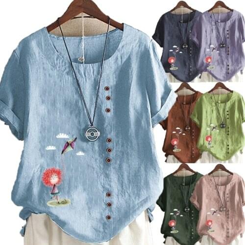 Summer Fashion Womens Cartoon Print Short-sleeved Round Neck Shirt Ladies Cotton and Linen Button Top Loose T-shirt Plus Size