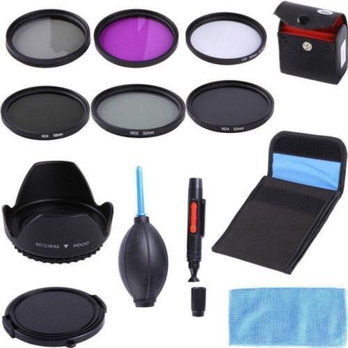 52MM UV CPL FLD ND 2 4 8 ND Filter Kit + Lens Hood + Lens Cap + 3 in 1 lens Cleaning kit + Filter case For DSLR Camera Lens