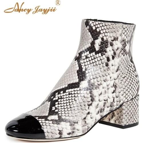 Snakeprint Cap Toe Short Ankle Boots Bota Woman Chunky Heel Ladies Female Shoes 2019 Autumn Winter Dress Big Size 45 12 Shelby