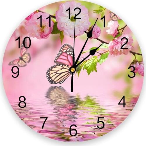 Butterfly Water Wave Pink Flower Wall Clocks Non Ticking for Girl Boy Bedroom Bathroom Kitchen Living Room Office Round Clock