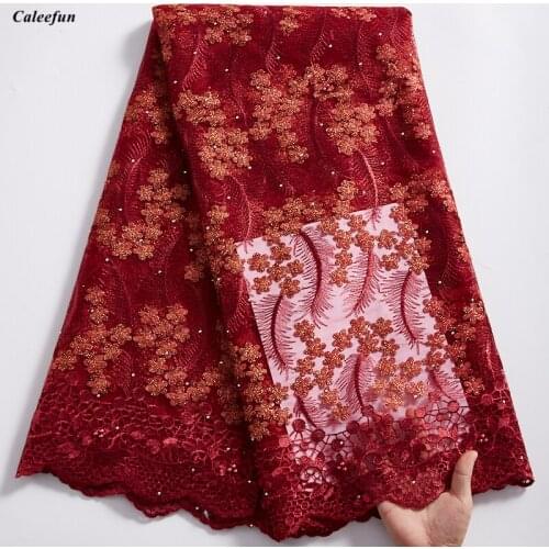 Latest Wine African Sequins Lace Fabric 2021 Embroidery French Mesh Sequins Lace Fabric Nigerian Tulle Lace For Party Y2334