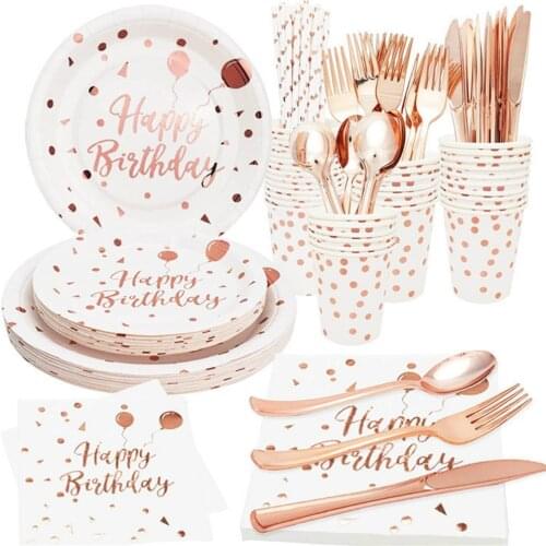 White Gold Disposable Party Supplies Pink Plates Cups Napkins Straws Tableware Sets Birthday Dinnerware Wedding Decorations